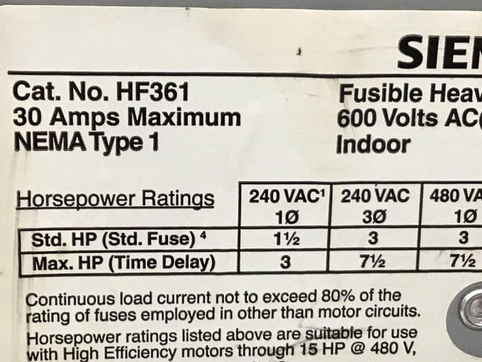 Used SIEMENS 30 Amp Disconnect Switch HF361 #120462