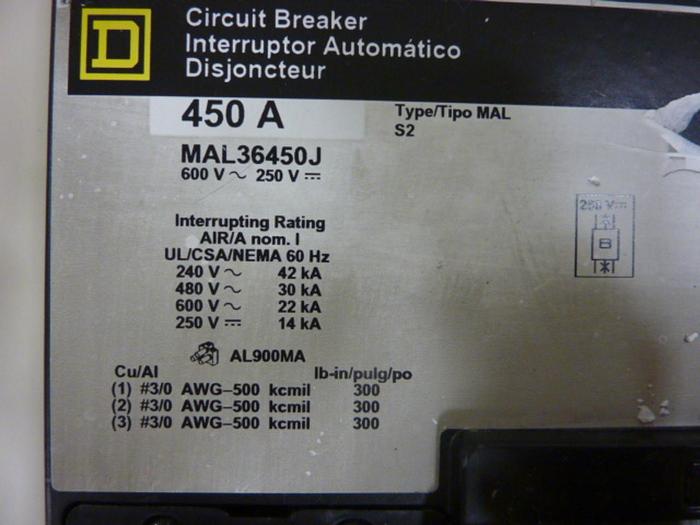 Used SQUARE D 450 Amp Circuit Breaker MAL36450J Used