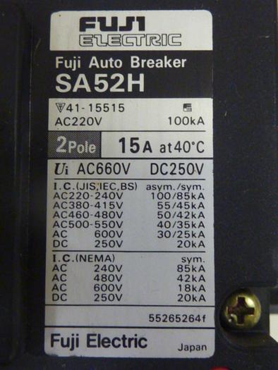 Used FUJI ELECTRIC 15 Amp Circuit Breaker SA52H-15 #46830