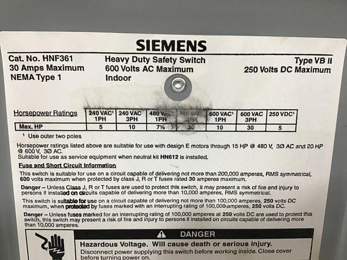 Used SIEMENS 30 Amp Safety Disconnect Switch HNF361 VBII #130004