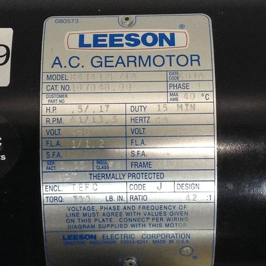 Used LEESON ELECTRIC CO .5/.17 HP AC Gear Motor C4T412FZ1A #87699