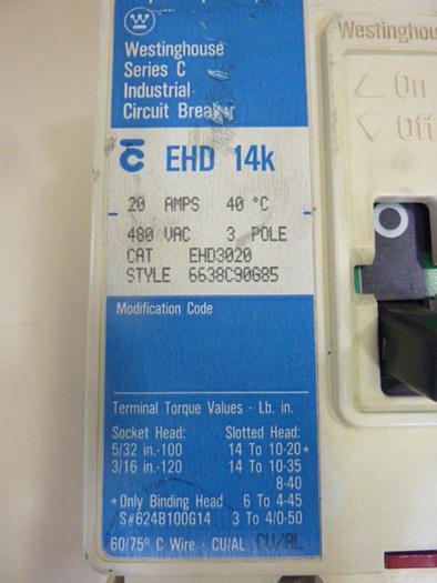 Used WESTINGHOUSE 20 Amp Circuit Breaker EHD3020 #46539