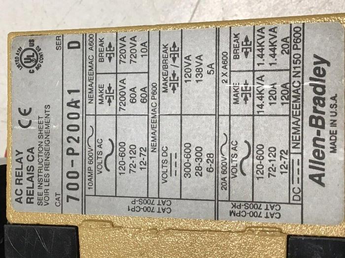 Used ALLEN BRADLEY AC Relay 700-P200A1 #113627