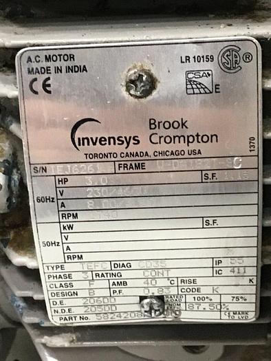 Used BROOK CROMPTON 3 HP Motor U-D-182T-SC #138512