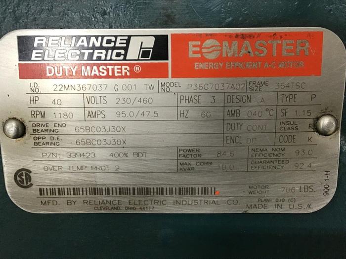 Used RELIANCE ELECTRIC 40 HP Motor P36G7037A02 Used