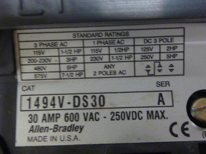 Used ALLEN BRADLEY 30 Amp Disconnect Switch 1494V-DS30 SER A #57366