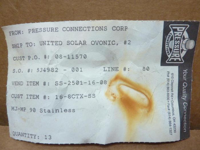 PRESSURE CONNECTIONS CORP. Elbow SS-2501-16-08 #40328