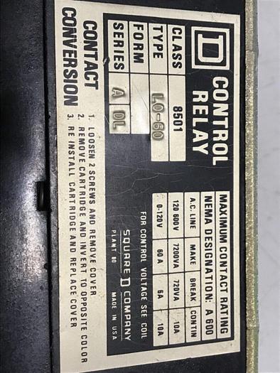 Used SQUARE D Control Relay 8501-L0-60 #120662