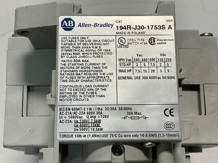 Used ALLEN BRADLEY 194R-J30-1753S SERIES A