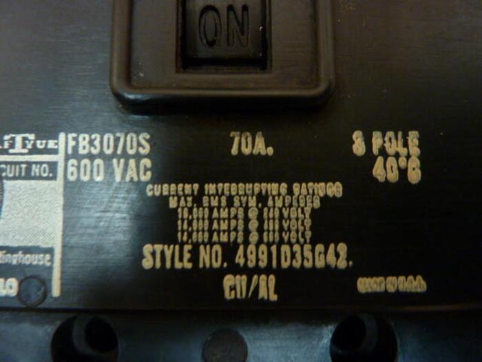 Used WESTINGHOUSE 70 Amp Circuit Breaker FB3070S #32444