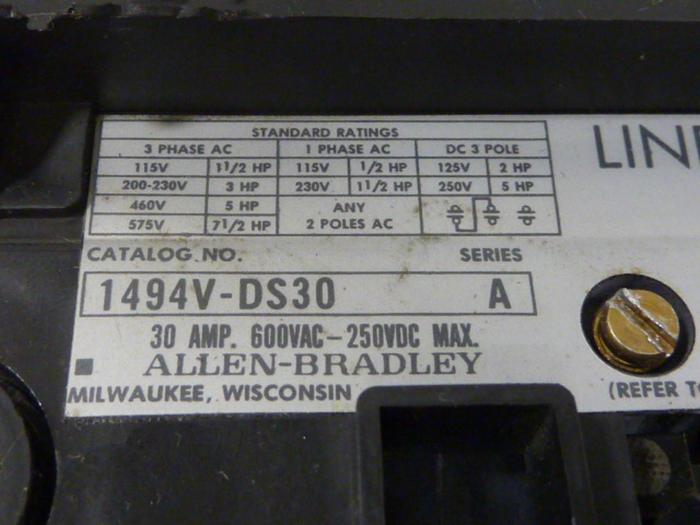 Used ALLEN BRADLEY 30 Amp Disconnect Switch 1494V-DS30 SER A #57428