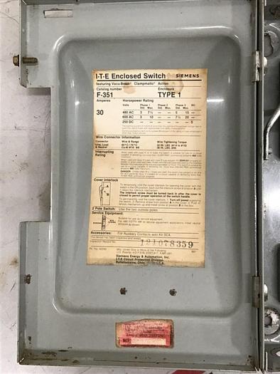Used SIEMENS 30 Amp Disconnect Switch F351 #127038