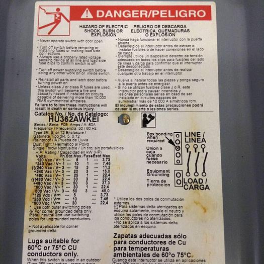 Used SQUARE D 60 Amp Safety Switch HU362AWKEI #69716