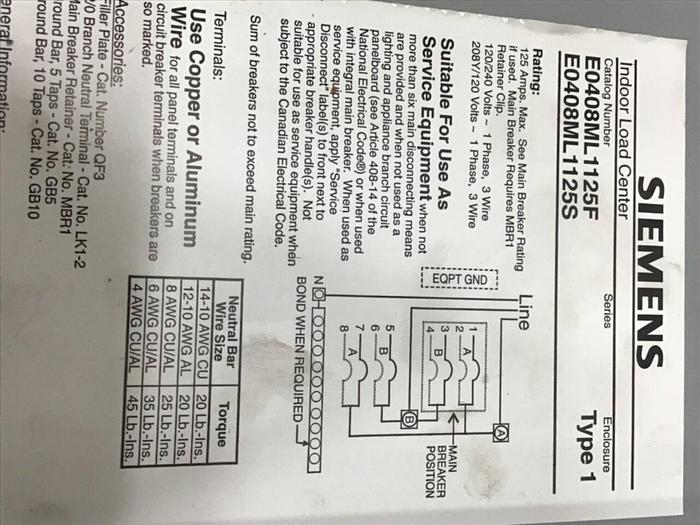 Used SIEMENS Indoor Load Center E0408ML1125F #124052