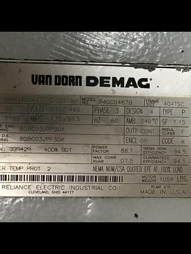 Used RELIANCE ELECTRIC Van Dorn Demag 60 HP Motor P40G0467B #137290