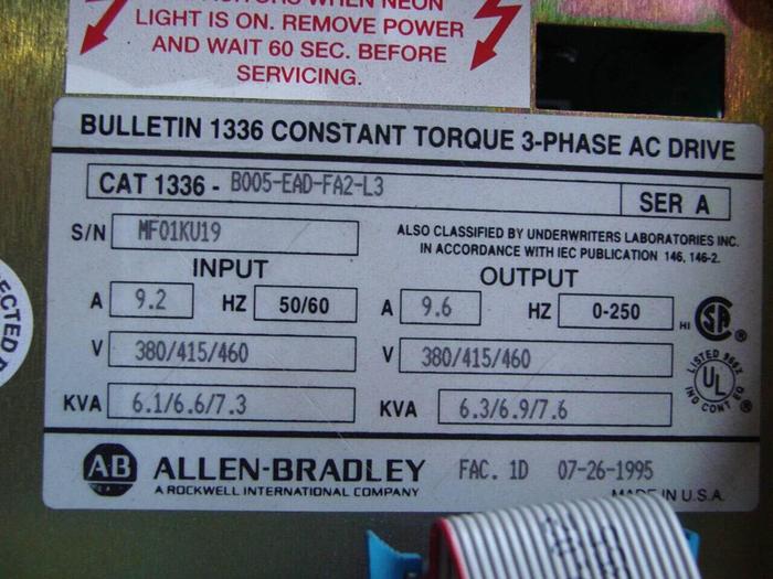 Used ALLEN BRADLEY Drive 1336-B005-EAD-FA2-L3 SER A #10848