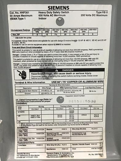 Used SIEMENS 30 Amp Safety Disconnect Switch HNF361 VBII #130225