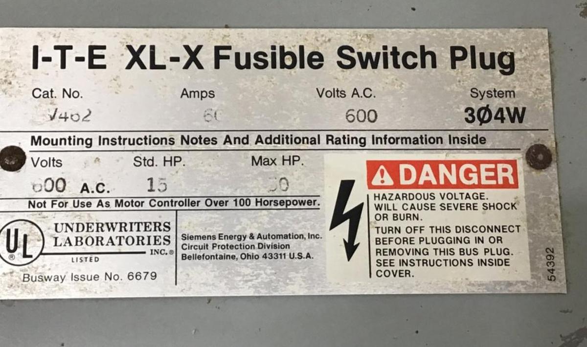 Used SIEMENS 60 Amp Buss Plug RV462 USED