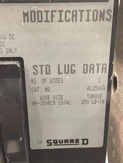 Used SQUARE D 225 Amp Circuit Breaker KAL36225 #140559