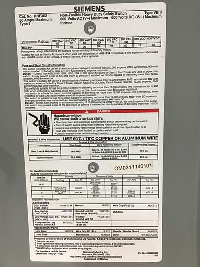 Used SIEMENS Heavy Duty Safety Disconnect Switch HNF362 #137864