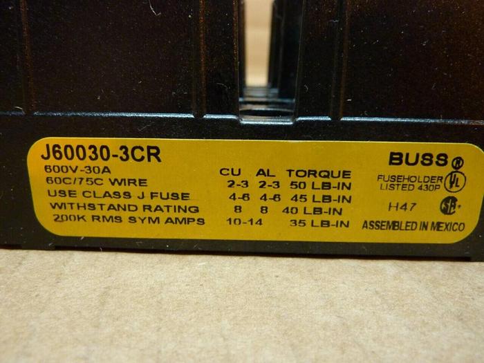 Used BUSSMANN 30 Amp Fuse Holder J60030-3CR #24223
