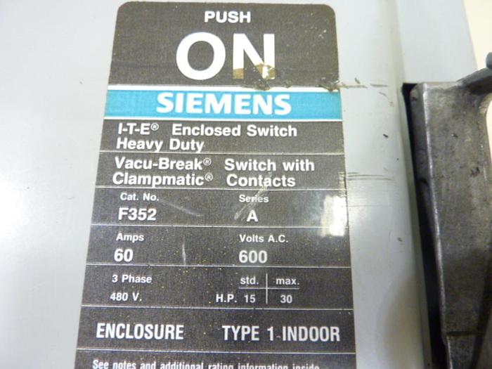 Used SIEMENS 60 Amp Safety Disconnect Switch F352 #42978