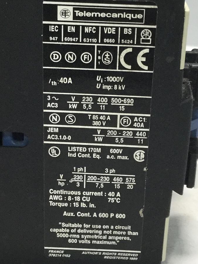 Used TELEMECANIQUE Contactor LP1D2510 Used