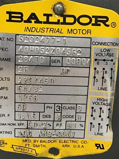 Used BALDOR 25 HP Motor 5232477-1 Used