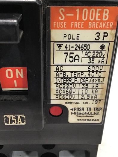 Used HITACHI 75 Amp Fuse Free Breaker S-100EB #112468