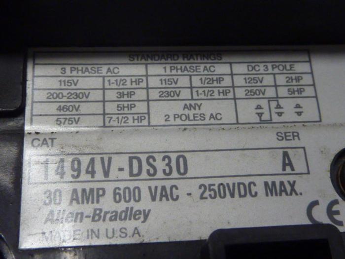 Used ALLEN BRADLEY 30 Amp Disconnect Switch 1494V-DS30 SER A #57394