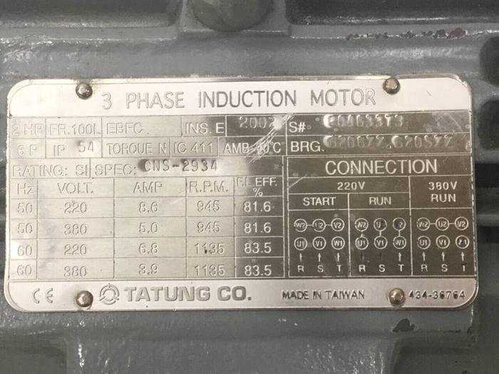 Used TATUNG 2 HP Induction Motor CNS-2934 #91723