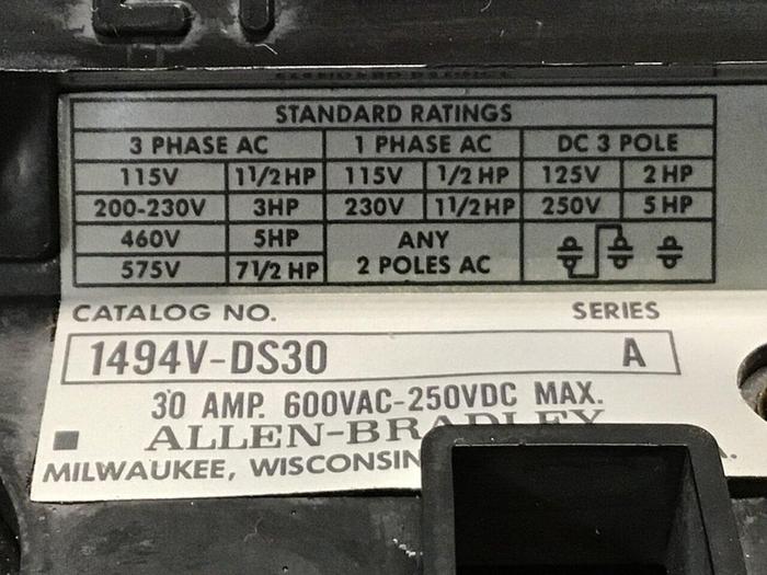 Used ALLEN BRADLEY 30 Amp Disconnect Switch 1494V-DS30 SER A #126255