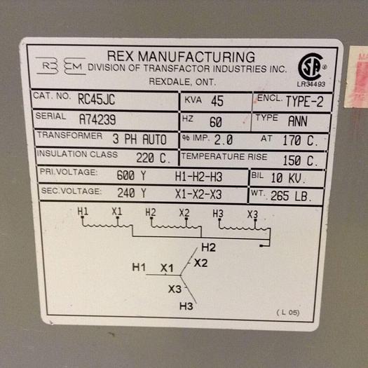 Used REX MANUFACTURING 45 kVA Transformer RC45JC Used