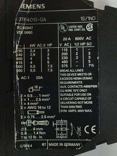 Used SIEMENS Contactor 3TF4010-0A #103542