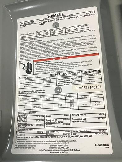 Used SIEMENS 30 Amp Safety Disconnect Switch HNF361 VBII #137846