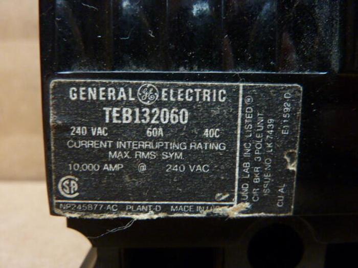 Used GENERAL ELECTRIC / GE 60 Amp Circuit Breaker TEB132060 #27627