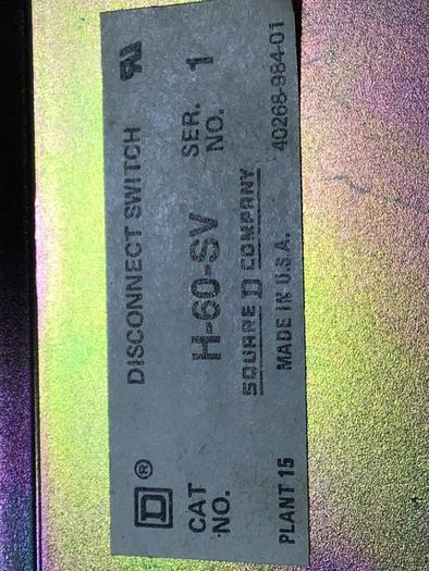 Used SQUARE D Disconnect Switch H-60-SV #122957