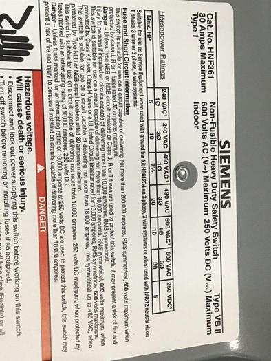 Used SIEMENS 30 Amp Safety Disconnect Switch HNF361 VBII #137844