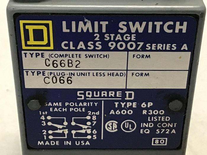 Used SQUARE D Limit Switch 9007-C66B2 #121957