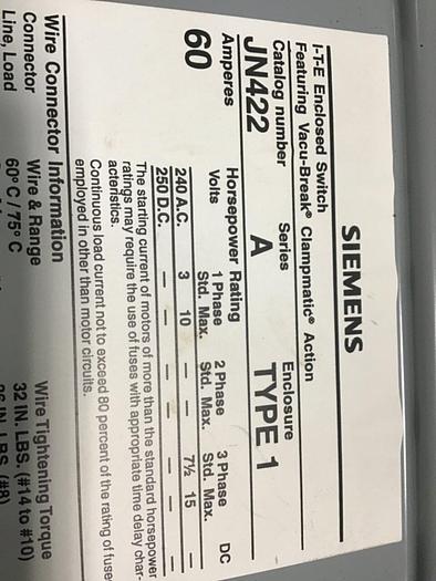 Used SIEMENS 60 Amp I-T-E Disconnect Switch JN422 #137862