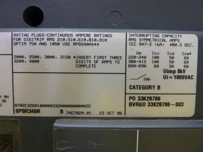Used CUTLER HAMMER 4000 Amp Breaker SPBR340R Used
