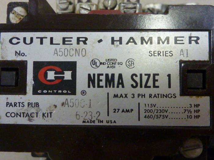 Used CUTLER HAMMER Motor Starter Size 1 A50CN0 #52904