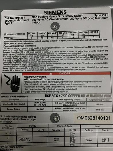 Used SIEMENS 30 Amp Safety Disconnect Switch HNF361 VBII #124089