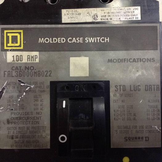 Used SQUARE D 100 Amp Circuit Breaker FAL36000M8022 #89296