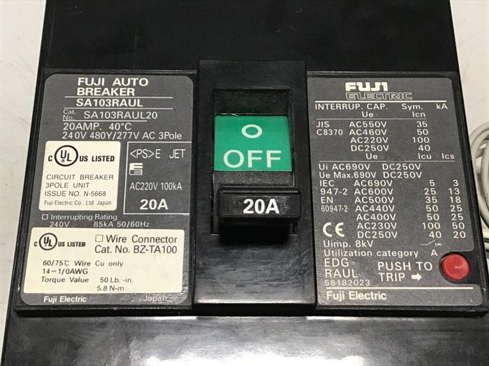 Used FUJI ELECTRIC 20 Amp Circuit Breaker SA103RAUL20 #119751