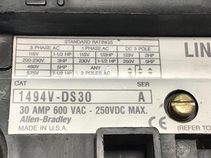 Used ALLEN BRADLEY 30 Amp Disconnect Switch 1494V-DS30 SER A #130810