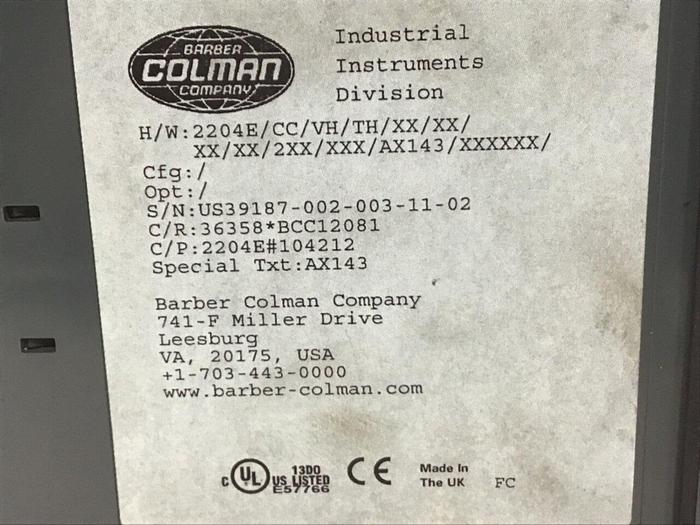 Used BARBER COLMAN Temperature Controller 2204E/CC/VH/TH/XX/XX/XX/XX/2XX #86763
