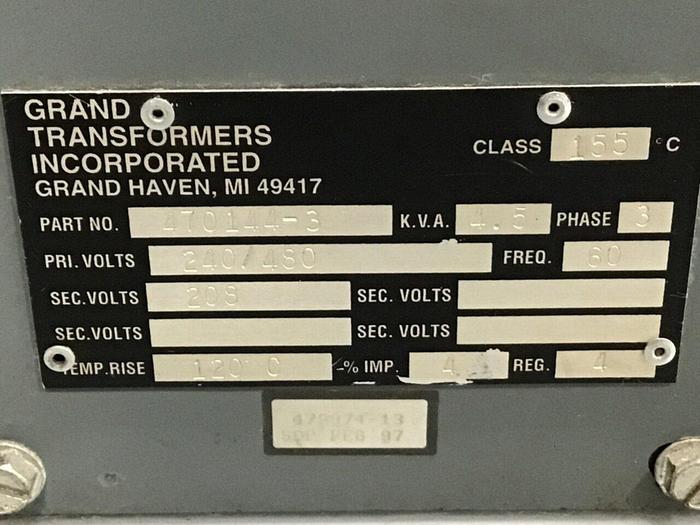 Used GRAND TRANSFORMERS 4.5 kVA Transformer 470144-3 #76529
