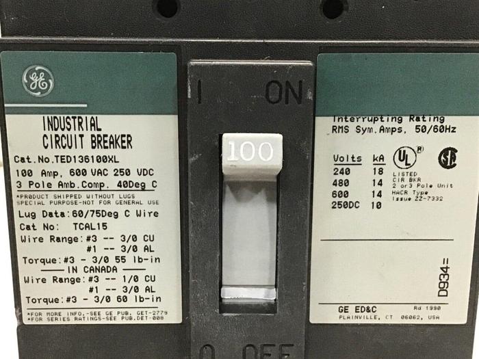 Used GENERAL ELECTRIC / GE 100 Amp Circuit Breaker TED136100XL Used