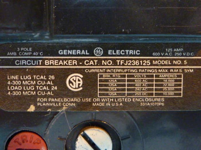 Used GENERAL ELECTRIC / GE 125 Amp Circuit Breaker TFJ236125 Used